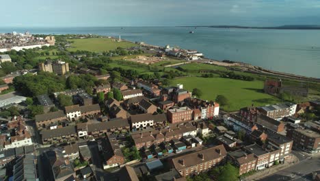 Aerial-View-Of-The-Solent-Strait-From-Portsmouth-City-With-Clarence-Pier-Amusement-Park,-King's-Bastion-Fortress-And-Portsmouth-Naval-Memorial-Park-In-England