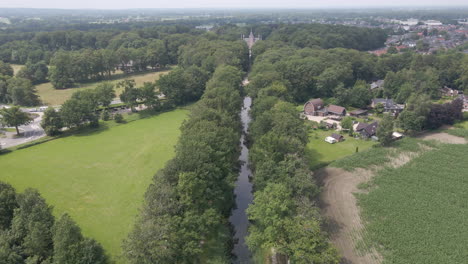 Aerial-of-canal-in-a-scenic-Dutch-rural-town