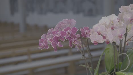 Bouquet-of-flowers-in-a-church,-empty-benches-in-the-background