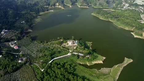 Aerial-view-of-Liyutuan-reservoir-with-natural-lake-and-beautiful-building-in-North-taizhong-city,Taiwan