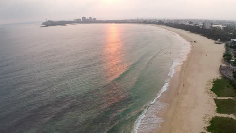 Aerial-View-of-Beautiful-Mooloolaba-Beach-in-Queensland,-Australia-at-Sunset