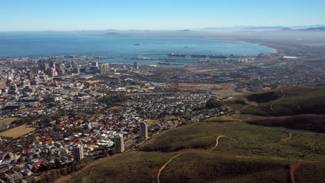 Aerial-View-Of-Hike-Trail-At-Table-Mountain-Overlooking-Cape-Town-City-And-Foreshore-In-South-Africa