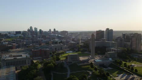 Aerial-Establishing-Shot-of-Kansas-City,-Missouri-with-Skyline-in-Background