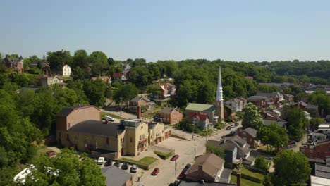 Low-Aerial-View-of-Galena,-Illinois-on-Beautiful-Summer-Day