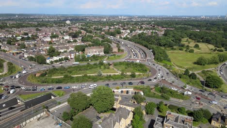 Green-man-roundabout-Leytonstone-East-London-Aerial-footage-busy-with-traffic