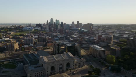 Cinematic-Aerial-View-of-Iconic-Union-Station-in-Kansas-City-Missouri-at-Sunrise