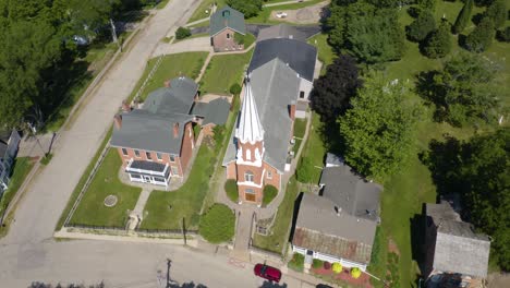 Birds-Eye-View-of-Small-Church-on-Main-Street-USA-in-Rural-Town