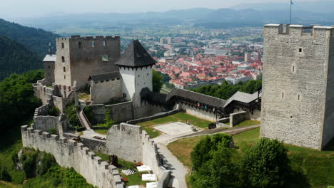 Magnificent-View-Of-The-Ruins-Of-The-Celje-Castle-In-Slovenia-Europe---aerial-shot