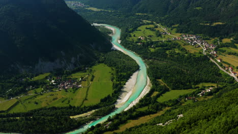 Emerald-Green-Water-Of-Soca-River-At-Mountainside-Near-Tolmin-Town-In-Western-Slovenia