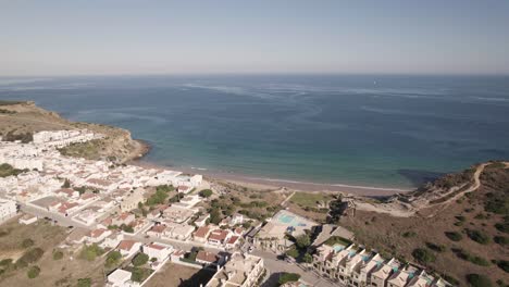 Aerial-Atlantic-ocean-view-from-a-small-fishing-village-of-Praia-do-Burgau,-Budens-Algarve-Portugal