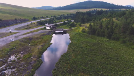 River-streaming-in-Siberia-landscapes,-A-drone-view