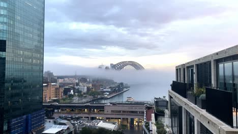Puente-Del-Puerto-De-Sydney-Envuelto-Con-Una-Espesa-Niebla-Al-Amanecer-Desde-El-Punto-De-Vista-En-La-Ciudad-De-Sydney,-Nsw,-Australia