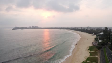 Aerial-View-Of-The-Entire-Mooloolaba-Beach-During-Sunset-In-Australian-State-Of-Queensland
