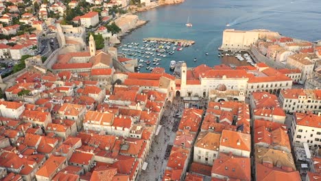 Aerial-view-over-Dubrovnik-Old-Town-during-sunset-on-the-coast-of-Adriatic-Sea,-Croatia---popular-travel-destination-UNESCO-World-Heritage-Sites-of-Croatia