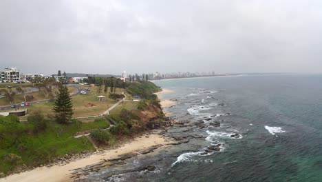 Beautiful-Aerial-View-With-Beach-At-Mooloolaba,-Sunshine-Coast,-Close-to-Brisbane-in-Queensland,-Australia---drone-shot