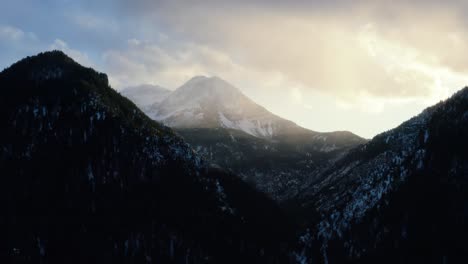 Static-aerial-drone-shot-of-a-winter-landscape-of-Mount-Timpanogos-in-the-background-surrounded-by-a-pine-tree-forest-during-sunset-from-the-frozen-Tibble-Fork-Reservoir-in-American-Fork-Canyon,-Utah