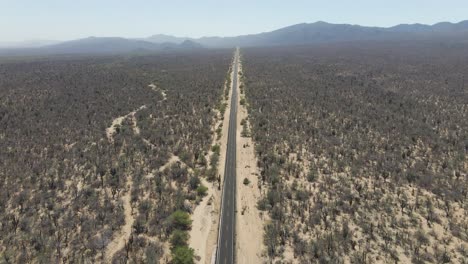 Aerial:-long-straight-road-through-desert-wilderness,-tilt-up-reveal