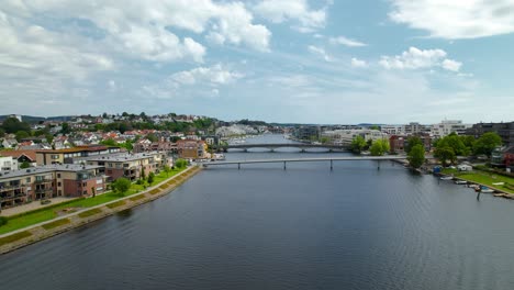 Drone-view-of-Otra,-River-that-goes-out-to-the-sea-in-the-middle-of-Kristiansand,-Norway