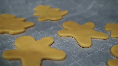 Close-up-panning-over-Christmas-Holiday-shaped-sugar-cookie-dough-on-a-baking-sheet-pan-ready-to-go-into-the-oven-on-a-cold-winter-night