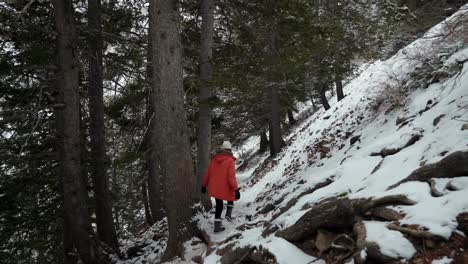 A-young-woman-in-a-large-orange-winter-coat-and-other-gear-hikes-down-a-small-snowy-hiking-trail-surrounded-by-large-pine-trees-on-a-cold-winter-day-in-Provo-Canyon,-Utah