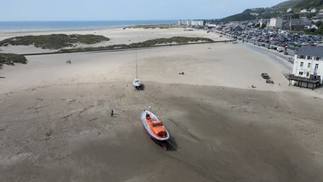 Barmouth-lifeboat-North-Wales,-UK-seaside-town-aerial-footage