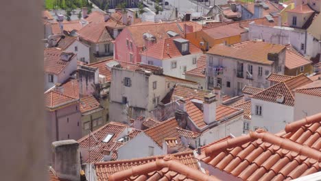 A-Zoomed-in-Shot-of-Lisbon's-Rooftops-of-Alfama-District-with-Birds-Flying-Over-the-Roofs