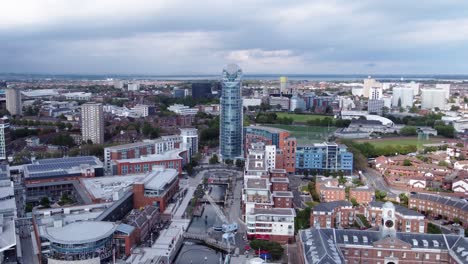 Town-Cityscape-With-Buildings-And-Structures-In-Portsmouth,-England---aerial-drone-shot