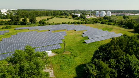 Rural-solar-panel-farm,-green-electricity-power-station-alternative-resource,-aerial