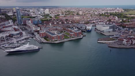 Aerial-View-Of-Old-Portsmouth-In-England-During-Daytime---drone-shot