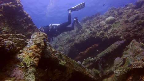 Scuba-divers-swimming-into-a-shipwreck-from-the-top