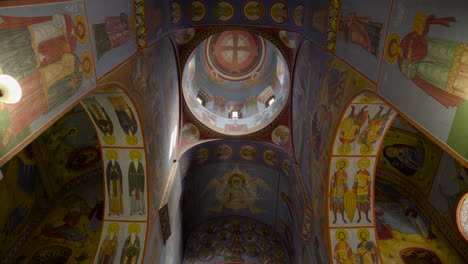 A-12th-century-Georgian-Orthodox-church,-View-from-inside-of-the-incredible-art-of-the-Lurji-Monastery,-or-"Blue-Church",-in-Tbilisi-Georgia