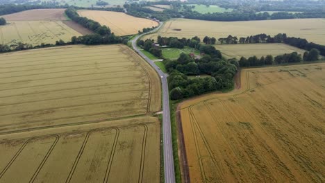 4K-drone-footage-following-a-country-road-in-he-middle-of-two-fields