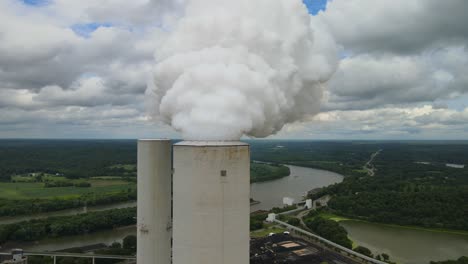 Aerial-footage-of-active-smokestack-at-fossil-plant