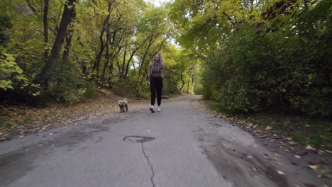 Mujer-Y-Perro-Mascota-Caminando-Por-Un-Sendero-Al-Aire-Libre-En-El-Bosque-De-Montaña---Tiro-De-Muñeca