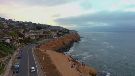 Aerial-flying-low-over-Sunset-Cliffs,-Point-Loma,-San-Diego,-California