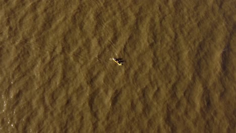Aerial-top-down-shot-of-two-rowers-in-yellow-kayak-paddling-on-brown-colored-River-Plate-near-Buenos-Aires-during-sunset