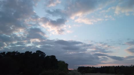 Zeitraffer-Von-Wolken,-Die-Bei-Sonnenuntergang-Den-Erstaunlichen-Himmel-über-Der-Silhouette-Des-Waldes-überqueren