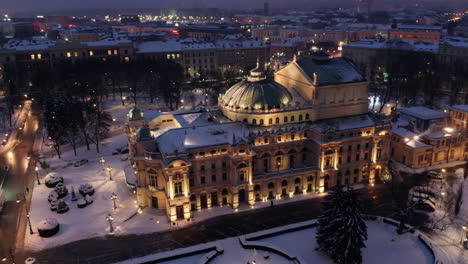 Winter-in-Krakow,-Poland---Aerial-view-of-Main-Theater