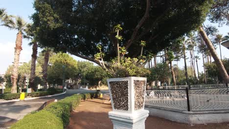 Limassol-Municipal-Park-gazebo-and-decorative-vase-near-walkway---Wide-tracking-shot