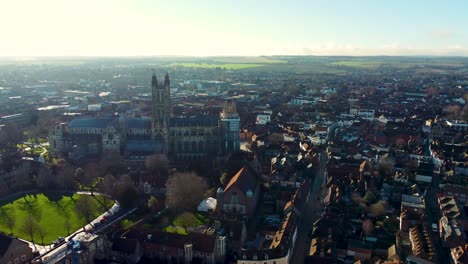 The-Canterbury-Cathedral-coming-into-a-drone-shot-from-high-altitude