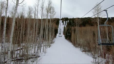 Beautiful-point-of-view-from-a-ski-lift-at-a-ski-resort-in-Colorado-on-an-overcast-winter-day-with-tall-aspen-and-pine-trees-surrounding-a-clear-snowy-path