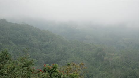 Lapso-De-Tiempo-Místico-Que-Muestra-Nubes-Voladoras-Y-Niebla-Sobre-Verdes-Montañas-Forestales-En-La-Isla-De-Bali,-Indonesia