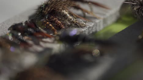 Macro-Zoom-In-Shot-Of-Brown-Tied-Wet-Nymph-Pattern-Flies,-Trout-Fly-Fishing-Tackle-Box