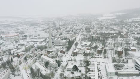Drone-Aerial-views-of-the-student-town-Göttingen-during-winter-2021-in-heavy-snowfall