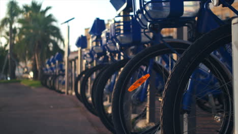 Close-up-of-blue-rental-bikes-standing-at-the-side-of-the-road