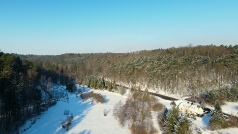 Schatten-Eines-Ausgedehnten-Waldes-Mit-Riesigen-Bäumen-über-Einem-Feld,-Das-An-Einem-Hellen,-Sonnigen-Wintertag-In-Der-Nähe-Von-Danzig-In-Polen-Mit-Weißem-Schnee-Bedeckt-Ist