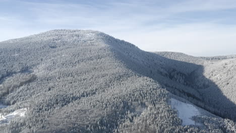 Aerial-Flyover-Of-Mountain-Forest-Trees-Covered-In-Snow,-Winter-Wonderland-Destination