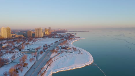 Aerial-View-of-Fullerton-Beach-and-Lakefront-Trail-in-Chicago-during-Winter-Polar-Vortex