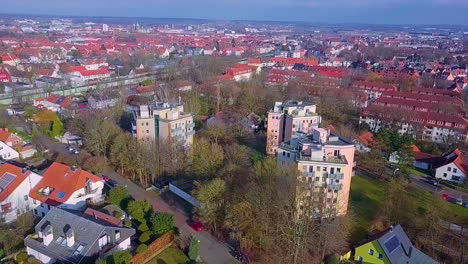 Aerial-circling-shot-of-old-german-city-during-beautiful-weather-outside