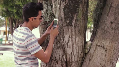 Joven-En-El-Parque-Usando-Su-Celular-Para-Tomar-Fotos-Y-Videos-De-La-Naturaleza